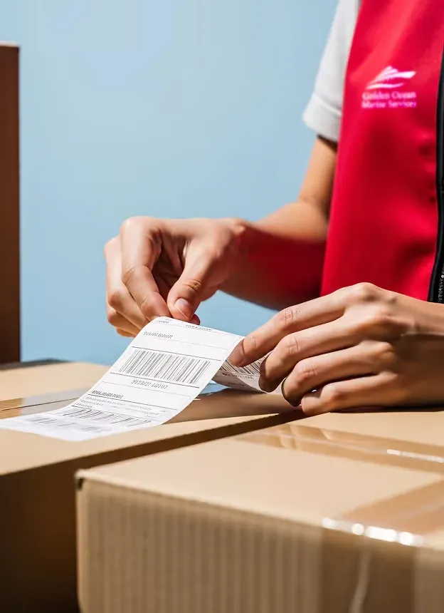 Worker applying a shipping label to a package