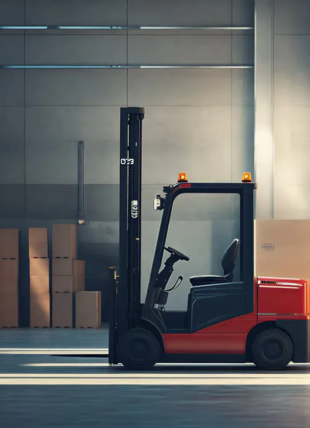 Forklift moving freight through a warehouse